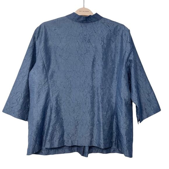 Eileen Fisher Woman Crinkled Silk Top Blue Mandarin Collar 3/4 Sleeve 1X - Picture 3 of 15